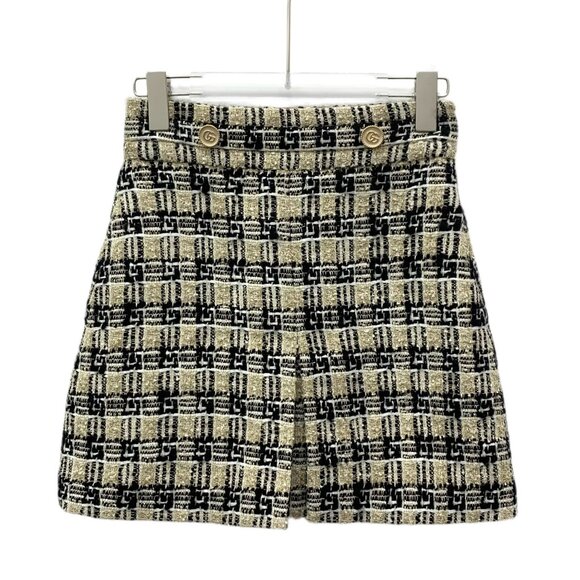Gucci Womens Tweed Mini Skirt Size 36 Black & Gold Checkered Pattern Made In Ita - Picture 2 of 6